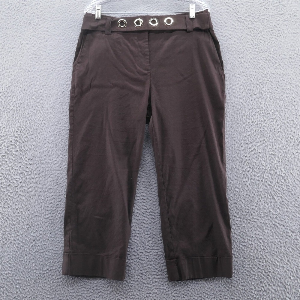 Chicos Brown Linen Blend Crop Pants Grommet Belt Detail Womens Size 1.5 US 10